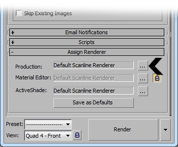 2 Scanline è impostato come renderer di default nella sezione Assign Renderer Si è gia accennato a come lo Scanline sia ancora utilizzato per la produzione di immagini di sintesi semplici ovvero che
