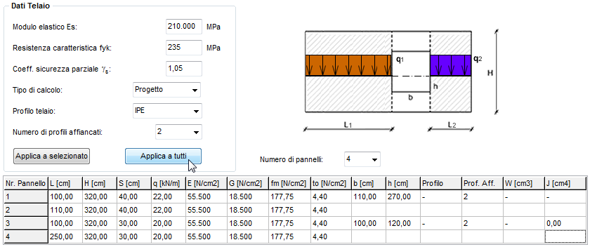 le aperture e senza i telai di rinforzo: Per eseguire il progetto del rinforzo utilizzare lo spazio "Dati Telaio": selezionare il tipo di calcolo "Progetto", la famiglia di profili che si intende