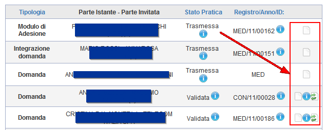 L'ultima posizione dell'icona è quella relativa alle colonna delle funzioni attivabili sulla Pratica: in questo caso, è un pulsante cliccabile che apre la pagina di DETTAGLIO del Procedimento ed è