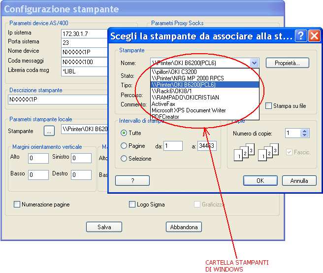 La sessione Stampante di Sigma Nemho di default si autoimposta alla Stampante PREDEFINITA di Windows.