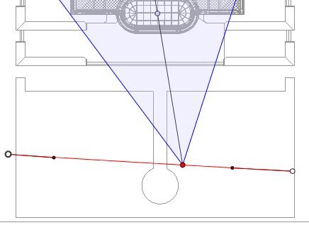 Interfaccia di Artlantis - Finestra Vista 2D Creazione di un percorso In modalità, spostare il punto di vista della fotocamera. Verrà tracciato un percorso rosso su una linea retta.