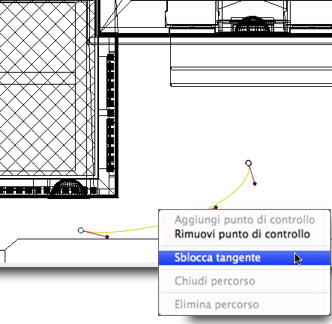 Interfaccia di Artlantis - Finestra Vista 2D Fare clic con il pulsante destro del mouse sulla linea gialla del percorso e selezionare "Aggiungi punto di controllo" per visualizzare un cerchio grigio