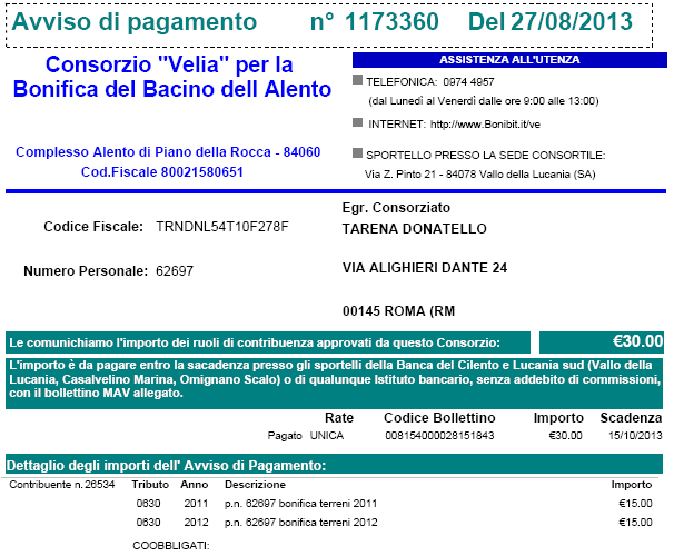 5.1. Avviso di Pagamento La visura dell Avviso di pagamento riporta sulla prima pagina il numero della cartella emessa e gli articoli a ruolo e sulla seconda pagina il testo informativo per il