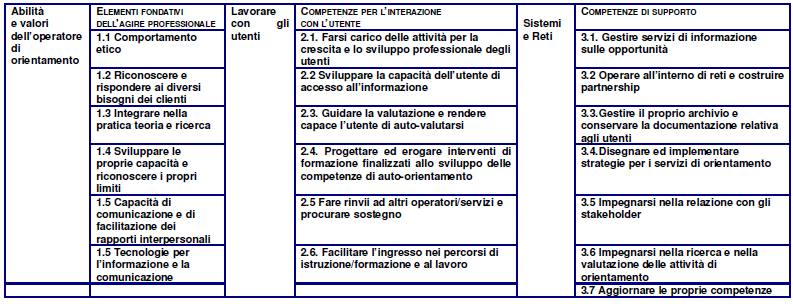 nella sua versione finale prevede una struttura in 3 macro ambiti: elementi fondativi dell agire professionale; competenze per l interazione con l utente; competenze di supporto.