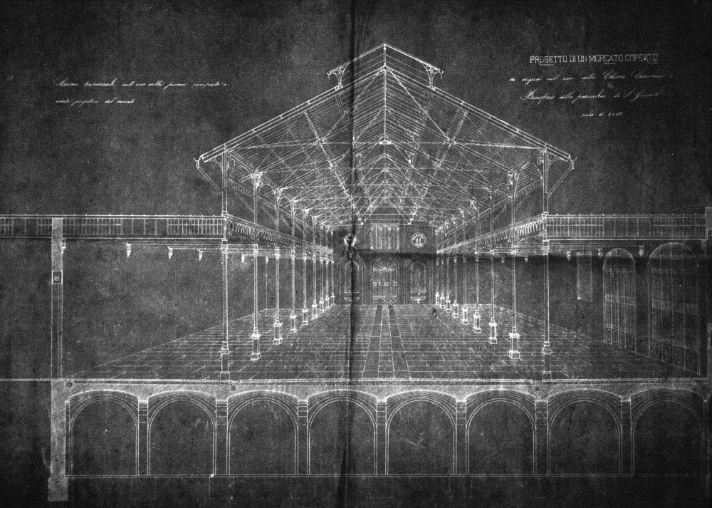 [Storico mercato coperto di Piacenza, poi demolito] Sezione prospettica del
