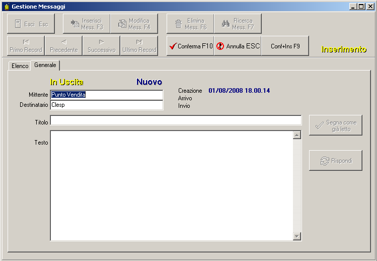 20.1 CREAZIONE E INVIO DI UN MESSAGGIO Per creare un nuovo messaggio (fig. 30), bisogna: fig.30 DATA ENTRY Nuovo Messaggio Premere F3 o il pulsante INSERISCI MESS. per creare il nuovo messaggio.