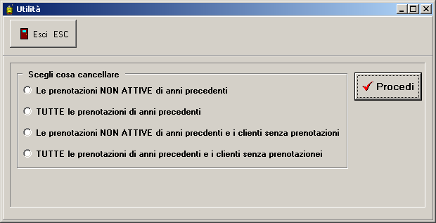 23. Utilità Se si desidera cancellare le prenotazioni e\o clienti dell'anno precedente, e non lo si ha già fatto con la procedura di cambio anno, allora lo si può fare accedendo alla