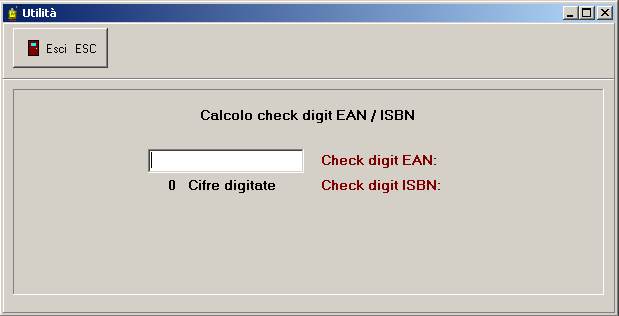 24. Controllo EAN / ISBN Qualora mancasse l'ultimo digit dell'ean o dell'isbn o nell'eventualità che il codice a barre sull'etichettà Clesp, fosse rovinato; si può accedere alla maschera Utilità