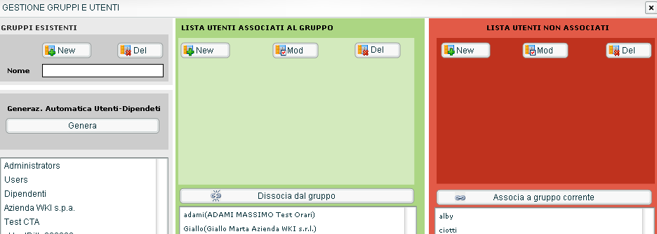 Tramite il Pulsante Utenti Gruppi si accede alla Gestione Gruppi Utenti dal quale è possibile creare e/o modificare Gruppi di utenti.