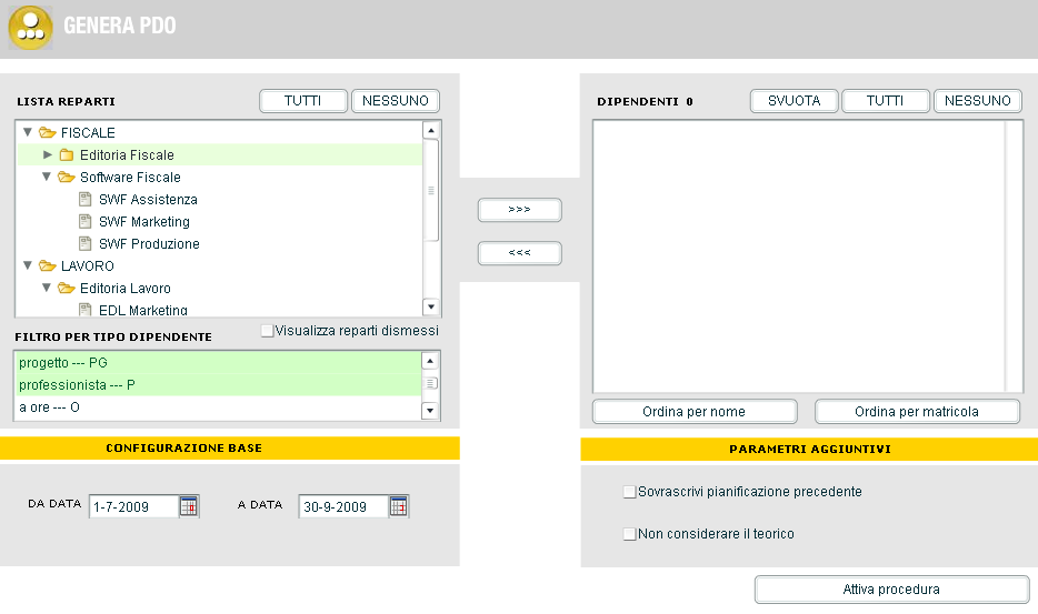 Attenzione: La lista dei dipendenti visualizzata è subordinata alla data impostata, nella sezione Configurazione Base, in quanto riporta solo i dipendenti assunti nel periodo impostato.