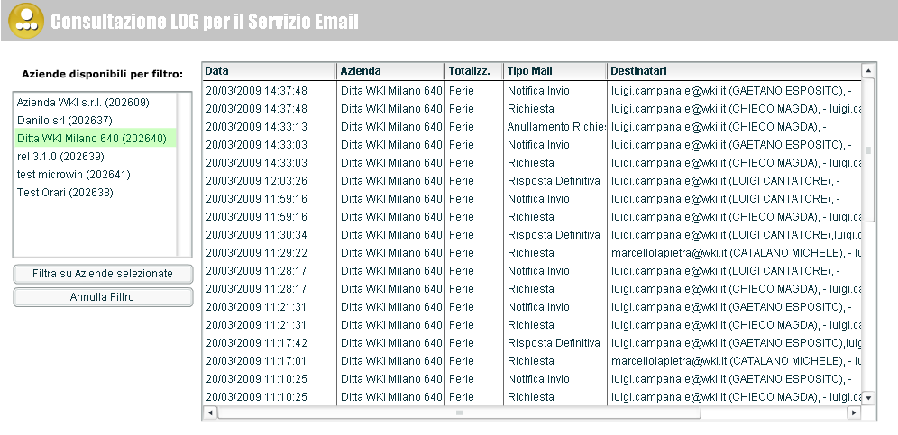 10.9 LOG SERVIZIO EMAIL In questa scelta è possibile verificare l invio di tutte le mail di tutte le aziende.