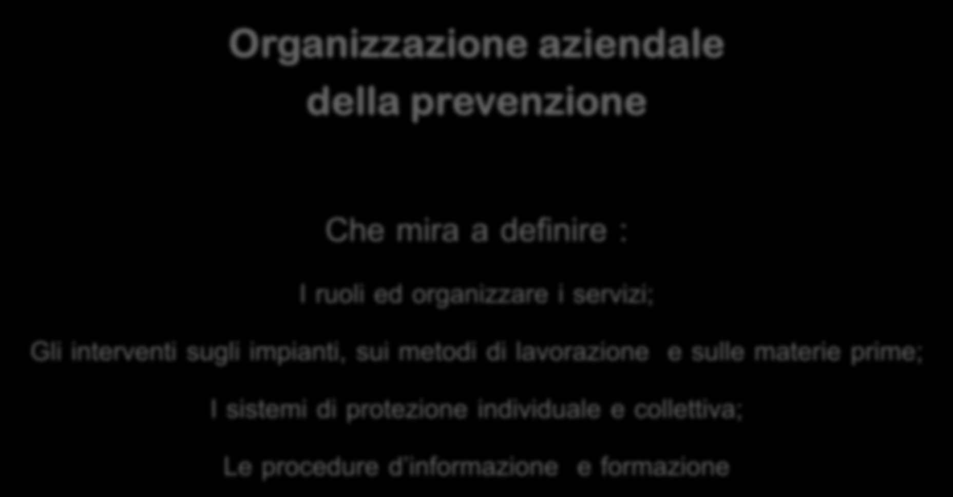 Salvaguardare la salute e la sicurezza dei lavoratori mediante una: Organizzazione aziendale della prevenzione Che mira a definire : I ruoli ed organizzare i servizi;