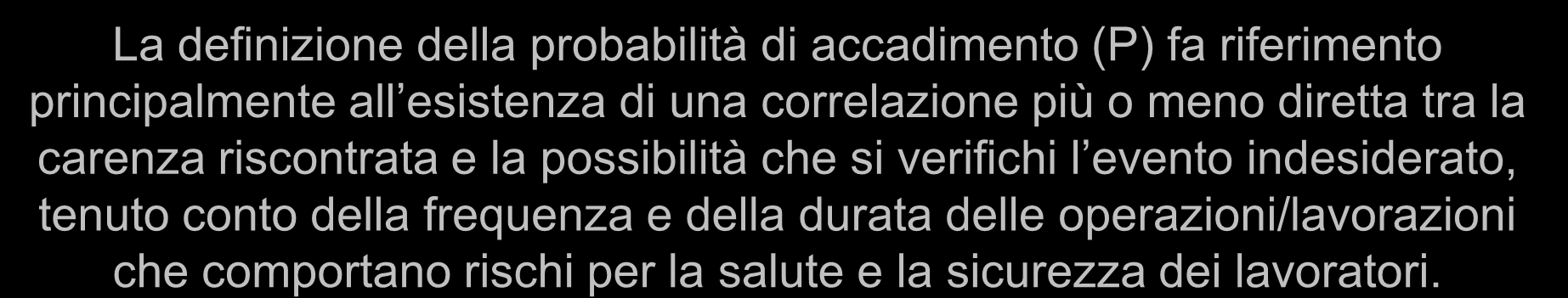 P = PROBABILITA di ACCADIMENTO La definizione della probabilità di accadimento (P) fa riferimento principalmente all esistenza di una correlazione più o meno diretta tra la carenza riscontrata e la