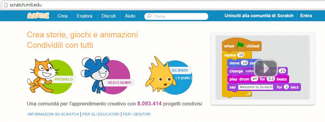 3 Il sito di Scratch Al momento attuale nel sito della comunità di Scratch vi sono oltre otto milioni di progetti condivisi che è possibile utilizzare, per vedere come sono stati realizzati, e