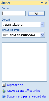 Il pulsante ClipArt Appare nella parte destra dello schermo la finestra ClipArt, da cui è possibile consultare un archivio di immagini, e nelle ultime versioni di Word anche di suoni e filmati, da