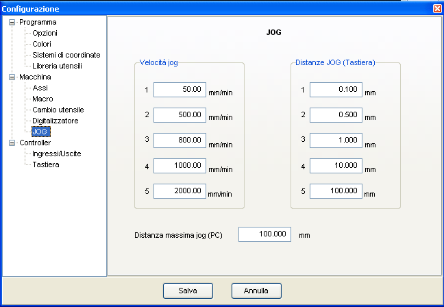 18.6 Digitalizzatore 18.7 JOG In questo pannello si impostano i valori di velocità Jog e le distanze Jog.