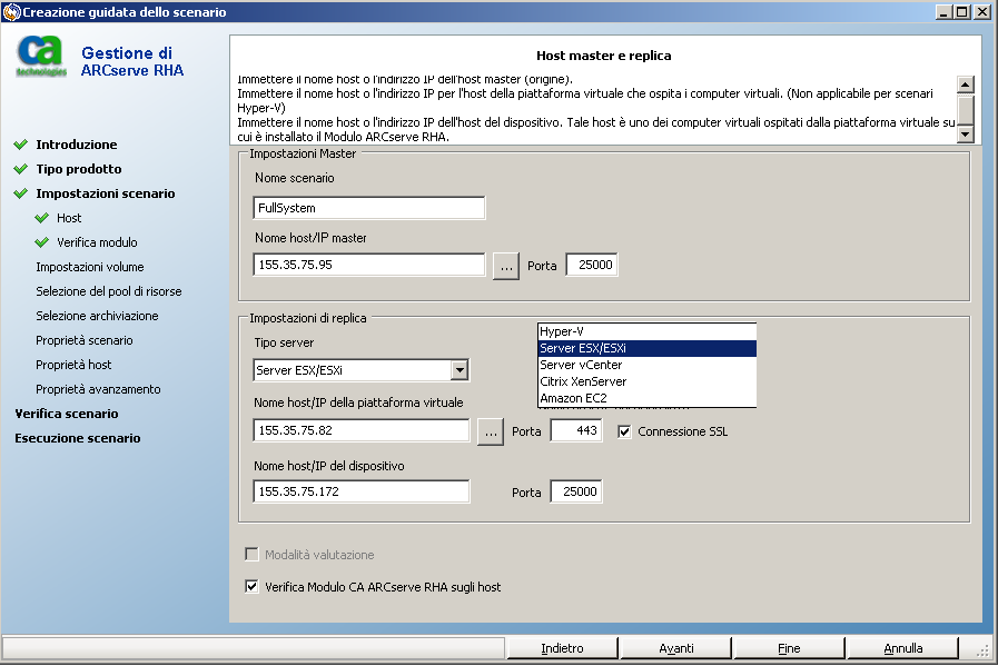 Creazione di scenari Sistema completo Viene visualizzata la finestra di dialogo Host master e replica. 4.