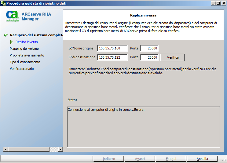 Esecuzione del ripristino bare metal 3. Selezionare lo scenario che ha eseguito il failover e fare clic su Esegui. Verrà visualizzato il Ripristino guidato dei dati. 4.