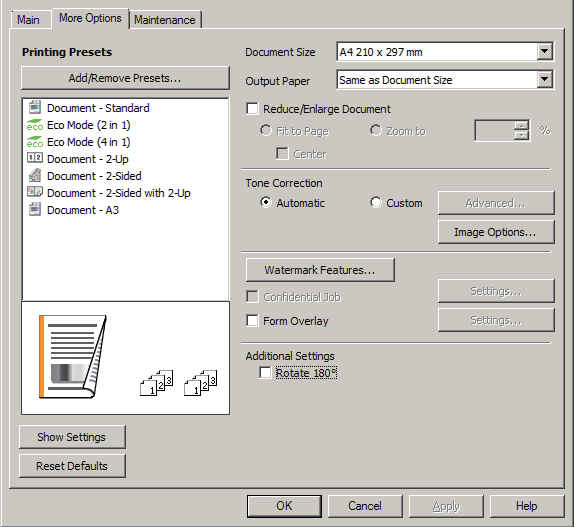 Attività di stampa Voce 1 Printing Presets (Preimpostazioni di stampa) 2 2-Sided Printing (Stampa doppio lato) Spiegazione Le impostazioni come Document - 2-Up (Documento - 2-su) o Document - 2-Sided