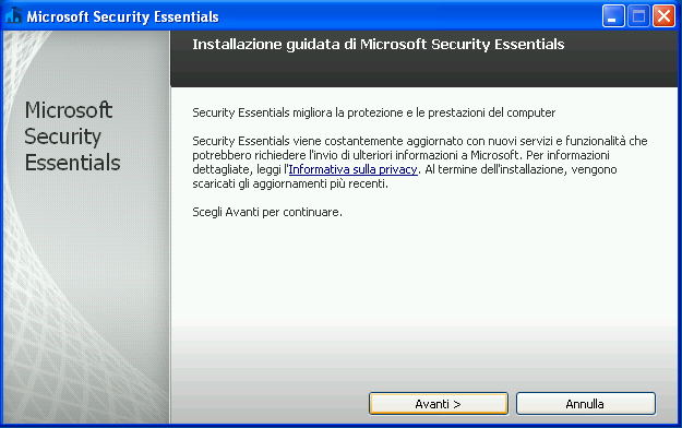 Installazione di Microsoft Security Essentials Per lanciare l'installazione di Microsoft Security Essentials è necessario il file eseguibile del setup.