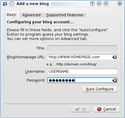2.2 Configurazione di un blog La gestione del blog è disponibile nella finestra di dialogo Configura Blogilo, ed è raggiungibile dal menu Impostazioni Configura Blogilo.