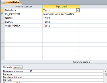 2- STRINGA SQL PER CARICARE I DATI IN TABELLA sql="insert INTO contattimex (DATAeORA,nome,email,messaggio) VALUES ('"& request.form("dataora") & "','"& request.form("nome") & "','" & request.