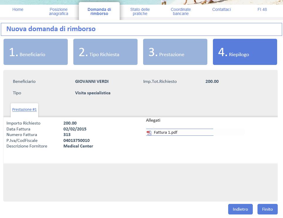 Passo 4: riepilogo della domanda di rimborso Nella fase finale è possibile verificare i dati inseriti prima di procedere all invio della