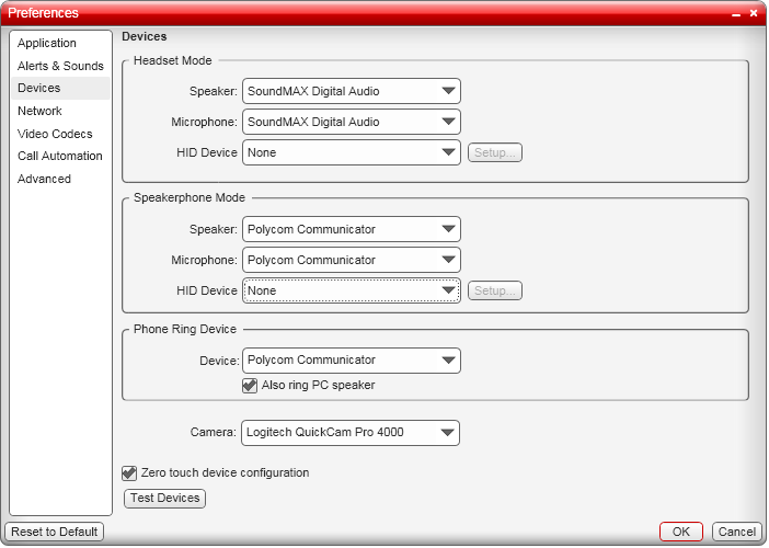 5.3 Dispositivi Il Softphone rileva automaticamente i dispositivi a ogni avvio e seleziona il dispositivo più appropriato per ogni scopo.