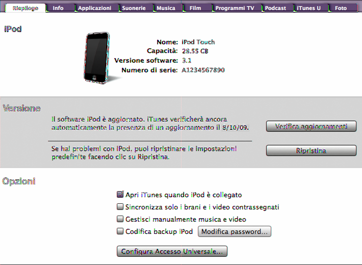 Pannelli Impostazioni ipod touch in itunes Le sezioni seguenti forniscono una panoramica di ogni pannello di configurazione di ipod touch.