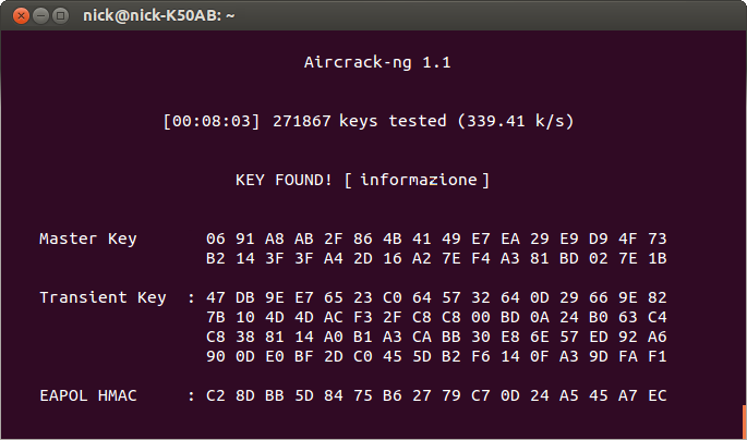 In alto a destra possiamo leggere WPA handshake: 00:18:84:89:1F:B0 a indicare che fra i dati raccolti siamo riusciti a catturare anche un four-way handshake valido.