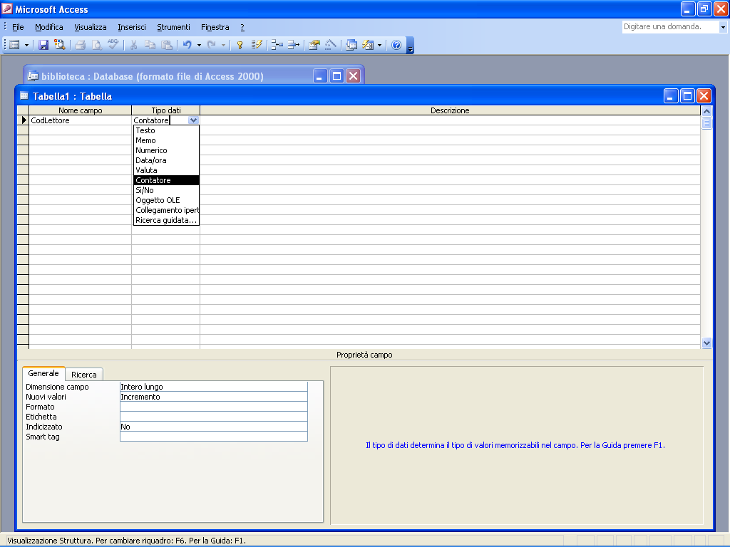Creare la Tabella Lettori Nel tipo dati bisogna specificare il tipo di dato per ogni campo; Per le