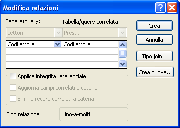 Creare una Relazione (2/3) La finestra di dialogo specifica: I campi coinvolti nella