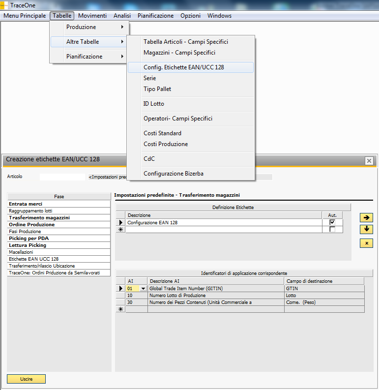 Set Up ConfigurazioneBar Code Definizione della struttura di bar code e