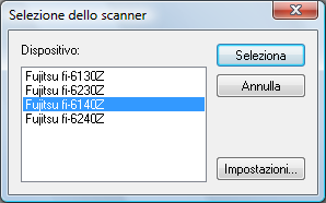 2.2 Selezione di un modello di scanner Prima di scandire un documento è necessario selezionare lo scanner da usare. Di seguito viene riportato come selezionare lo scanner: 1.