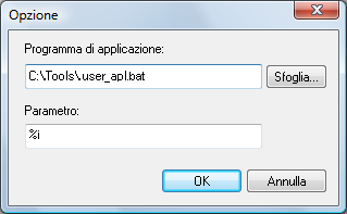 9. Specificare le impostazioni nella finestra di dialogo. [Programma di applicazione]: l'applicazione da lanciare. [Parametro]: %i 10. Cliccare il tasto [OK].