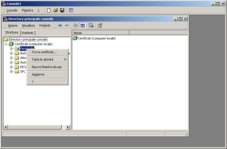 Installazione di strumenti allegati 4 8 Nella struttura ad albero nella sezione a sinistra, espandere "Certificati (computer locale)" e visualizzare il menu contestuale mentre