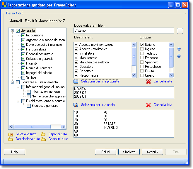 Esportare per FrameEditor 81 Passo 5 di 6 Tracciato di export: la lista mostra il tracciato di esportazione e l ordine di esportazione delle tabelle.