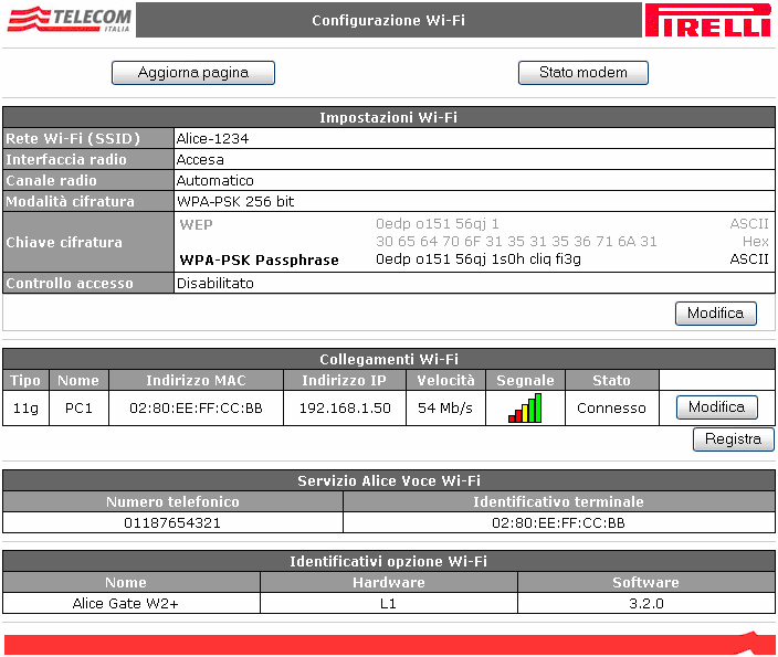 1.5 Configurazione Wi-Fi Dopo l accesso alla pagina di Stato modem (vedere sez. 1.