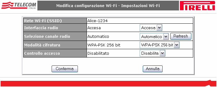 E possibile agire sulle seguenti impostazioni: tramite il menu a tendina, selezionare se abilitare o disabilitare il collegamento Wi-Fi Fi, scegliendo fra Accesa o Spenta per lo stato dell