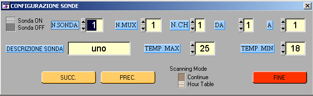 5.10) CONFIG. SONDE: Il pannello di configurazione sonde viene utilizzato per impostare tutti i valori di setup sonda. 5.10.1) Sonda ON/Sonda OFF: L interruttore ON abilita la sonda, che verrà visualizzata nel pannello principale.