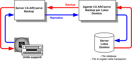 Architettura Architettura L'agente per Lotus Domino di CA ARCserve Backup fornisce servizi che consentono a CA ARCserve Backup di eseguire il backup e il ripristino dei database.