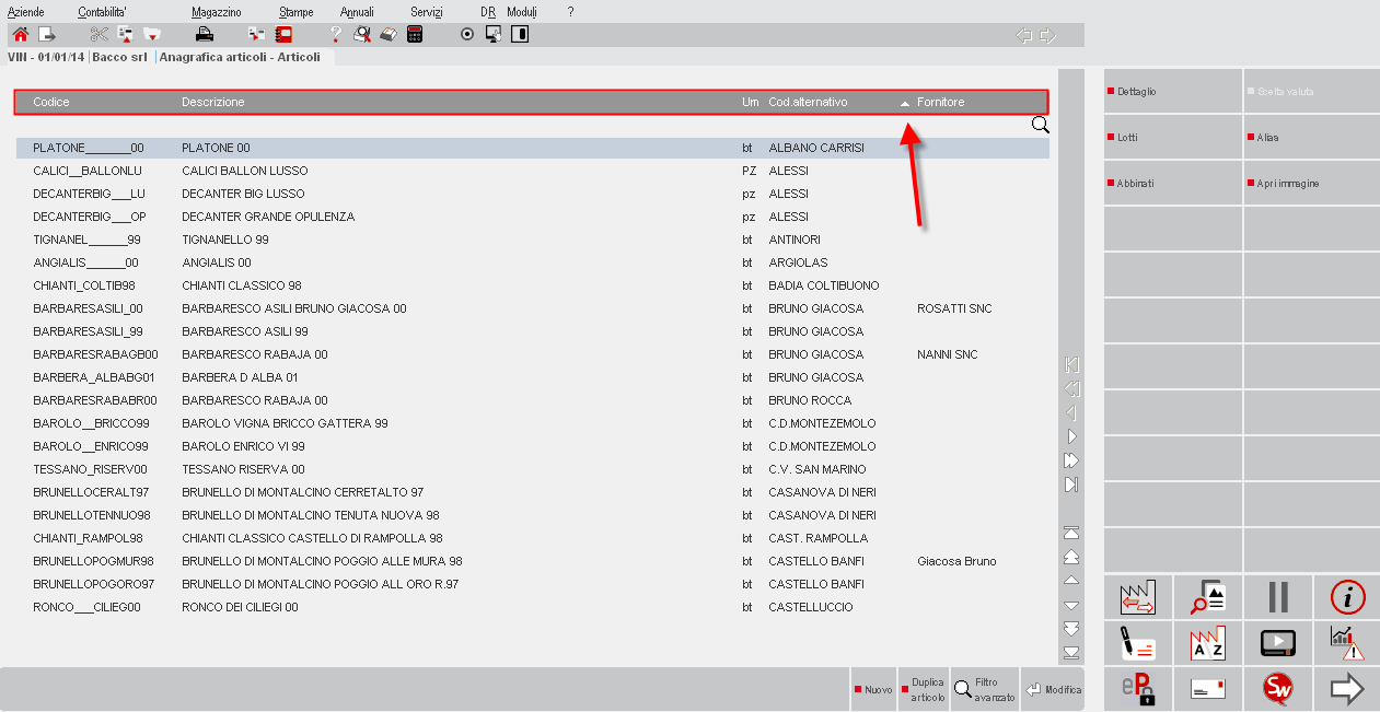 ORDINAMENTO ELENCO I dati sono ordinati per il codice dell articolo.