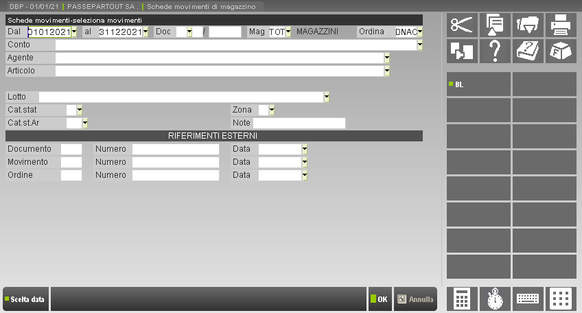 SCHEDE MOVIMENTI DI MAGAZZINO Questa funzione permette di interrogare l archivio dei movimenti di magazzino al fine di visualizzare i relativi dati per una consultazione pratica e completa della