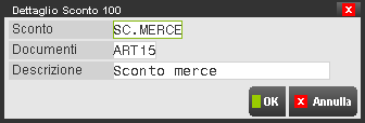 I codici (numerici predefiniti) possono essere di cinque diverse tipologie: TIPO CODICE COMPORTAMENTO I Da 100 a 109 Sconto sulla merce.