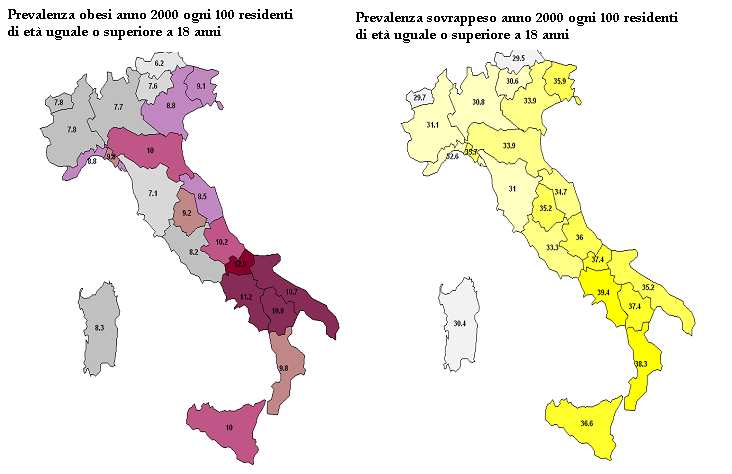 Figura n 1- Distribuzione in Italia delle frequenze relative del sovrappeso ed obesità Nella ASL4 dall analisi dei dati attesi della popolazione con età uguale o superiore a 18 anni risultano