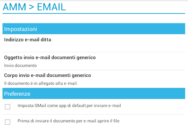 27 EMAIL Tra le impostazioni si può : - impostare l'inidirzzo e-mail della ditta a cui mandare la mail con il documento in allegato - impostare un nome oggetto generico da utilizzare per ogni