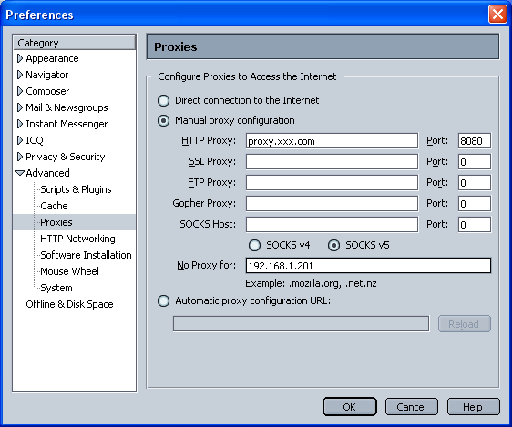 Capitolo 11 Appendice Impostazioni Proxy Selezionare Preference dal menu Edit del browser Web, quindi selezionare Advanced/Proxies nella colonna Category.