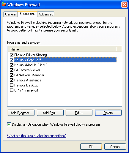 Impostazione del firewall Impostazione del firewall Se si utilizza Windows XP SP2 o Windows Vista con Network Capture 5, potrebbe essere visualizzata la seguente finestra di avvertenza.