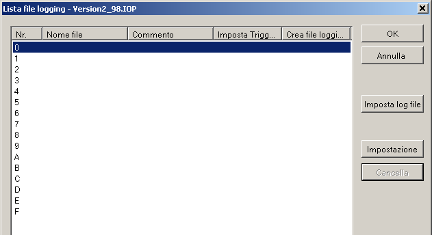 Menu Manuale di riferimento GTWIN Creare file logging Apri la finestra di dialogo "Lista file logging" tramite Menu funzioni (pag. 133). Premi [Imposta Log File] per impostare i log file (pag. 177).