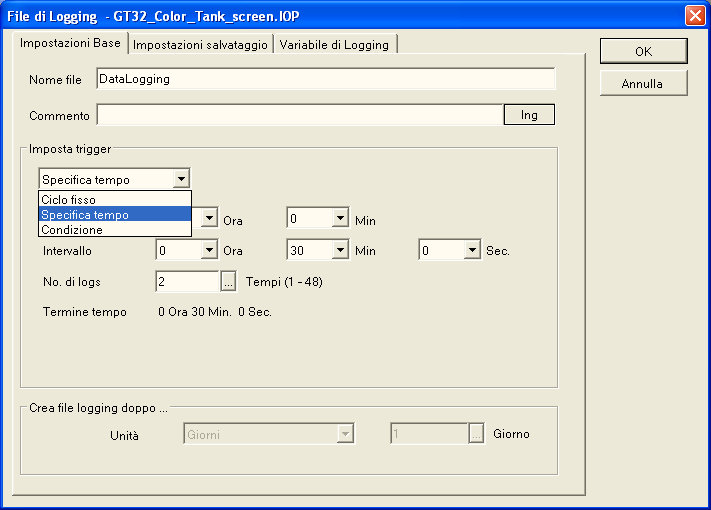 Manuale di riferimento GTWIN 4.7 Menu "Funzioni" 4.7.9.2 Impostazione log file Tabella impostazioni base Campo Nome file Commento Descrizione Specificare il nome del file. Aggiungere un commento.